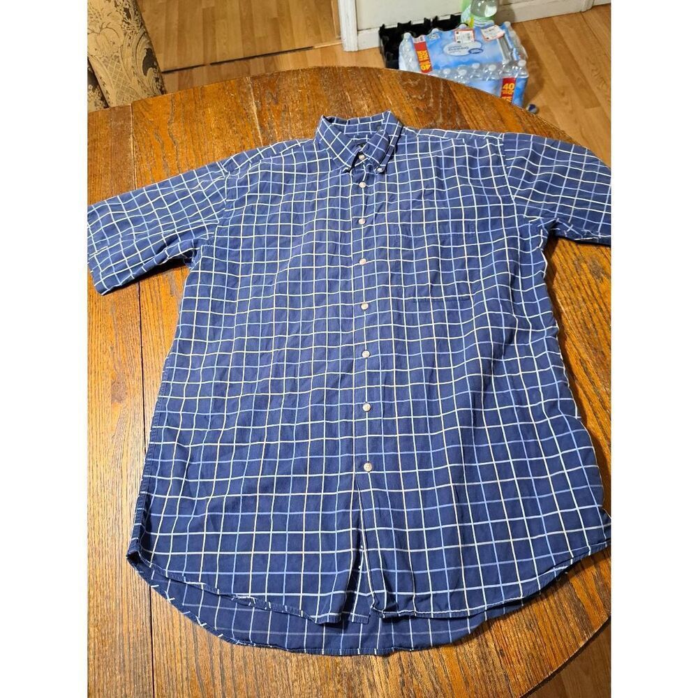 Size LT Biscayne Bay Short Sleeve Button Front Cotton Blue Tan White Shirt
